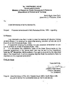 NO[removed]AIS-Ill Government of India Ministry of Personnel, Public Grievances 81Pensions (Department of Personnel 8I Training) North BI ck, New Delhi Dated the q\ October, 2014