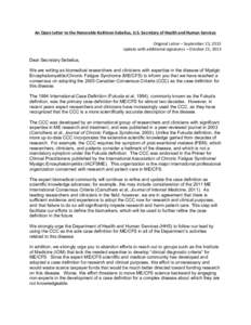 An	
  Open	
  Letter	
  to	
  the	
  Honorable	
  Kathleen	
  Sebelius,	
  U.S.	
  Secretary	
  of	
  Health	
  and	
  Human	
  Services	
   	
   Original	
  Letter	
  –	
  September	
  23,	
  2013