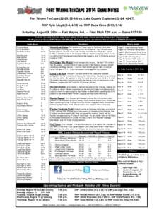 FORT WAYNE TINCAPS 2014 GAME NOTES Fort Wayne TinCaps[removed], [removed]vs. Lake County Captains[removed], [removed]RHP Kyle Lloyd (5-4, 4.13) vs. RHP Dace Kime (6-13, 5.14) Saturday, August 9, 2014 — Fort Wayne, Ind. — Fir