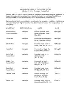 NAVIGABLE WATERS OF THE UNITED STATES (Section 10 of the Rivers and Harbors Act) Revised March 5, 2010: It amends the old list to address certain waterways that are known to support interstate commerce (and/or are tidal)