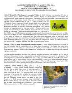 IDAHO STATE DEPARTMENT OF AGRICULTURE (ISDA) DIVISION OF PLANT INDUSTRIES BUREAU OF FEEDS AND PLANT SERVICES 2002 SURVEY, NURSERY AND FIELD INSPECTION SUMMARY APPLE MAGGOT (AM) (Rhagoletis pomonella Walsh) - In 2002, 444