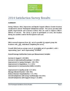 2014 Satisfaction Survey Results SUMMARY: During February 2014, Depression and Bipolar Support Alliance Greater Houston conducted its annual “Participant Satisfaction Survey”. The survey provides both quality improve