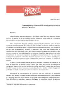 Le 15 mars 2012,  Campagne d’opinion Alimentons2012 : lettre de soutien du Front de gauche de l’agriculture.  Monsieur,