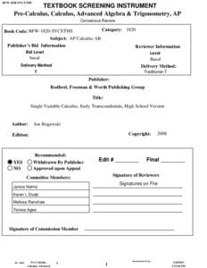 BFW-1820-SVCETHS  TEXTBOOK SCREENING INSTRUMENT Pre-Calculus, Calculus, Advanced Algebra & Trigonometry, AP Consensus Review