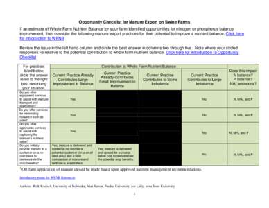 Opportunity Checklist for Manure Export on Swine Farms If an estimate of Whole Farm Nutrient Balance for your farm identified opportunities for nitrogen or phosphorus balance improvement, then consider the following manu