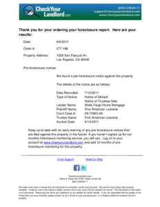 Thank you for your ordering your foreclosure report. Here are your results: Date: 