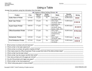 Using a Table: Best Selling Printers