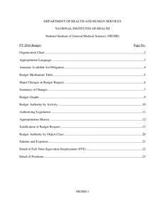 DEPARTMENT OF HEALTH AND HUMAN SERVICES NATIONAL INSTITUTES OF HEALTH National Institute of General Medical Sciences (NIGMS) FY 2016 Budget  Page No.