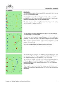 Large area - dribbling Tin cone alley How it works Four yellow players defend the cones with balls balanced on top of them at one end of a large playing area. On a signal from the coach, the red players must try and run 