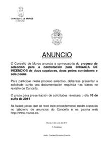CONCELLO DE MUROS (A Coruña) ANUNCIO O Concello de Muros anuncia a convocatoria do proceso de selección para a contratación para BRIGADA DE
