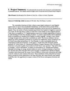 SFCRG Application- Humanities Model 1 of 14 I. Project Summary - The information that you provide in this item may be used in publications as promotional material. This summary should be original, not an excerpt taken di