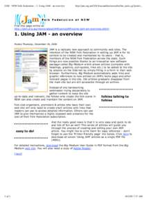 JAM - NSW Folk Federation :: 1. Using JAM - an overview  http://jam.org.au/CGI-Executables/moxiebin/bm_tools.cgi?print=... Find this page online at: http://jam.org.au/moxie/aboutJAM/usingJAM/using-jam-an-overview.shtml