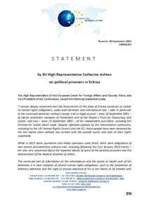 Brussels, 18 September[removed]STATEMENT by EU High Representative Catherine Ashton on political prisoners in Eritrea