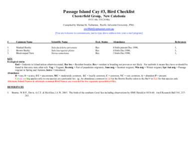 Passage Island Cay #3, Bird Checklist Chesterfield Group, New Caledonia44s40e Compiled by Michael K. Tarburton, Pacific Adventist University, PNG. [You are welcome to communicate, just re-type above addres
