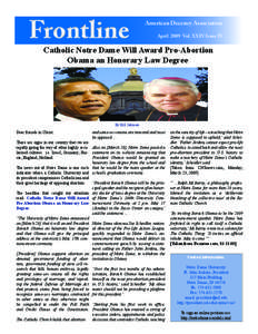 Frontline  American Decency Association April 2009 Vol. XXIV Issue IV  Catholic Notre Dame Will Award Pro-Abortion
