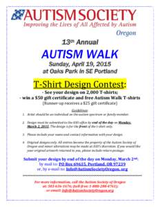 13th Annual  AUTISM WALK Sunday, April 19, 2015 at Oaks Park in SE Portland