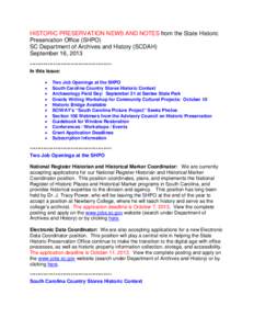 HISTORIC PRESERVATION NEWS AND NOTES from the State Historic Preservation Office (SHPO) SC Department of Archives and History (SCDAH) September 16, 2013 ****************************************** In this issue: