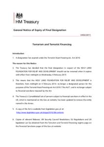 General Notice of Expiry of Final Designation[removed]Terrorism and Terrorist Financing  Introduction