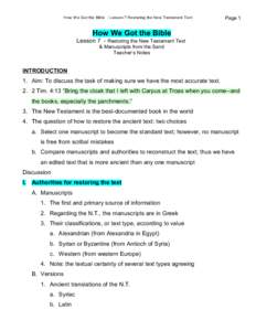 How W e Got the Bible - Lesson 7 Restoring the New Testam ent Text  Page 1 How We Got the Bible Lesson 7 - Restoring the New Testament Text