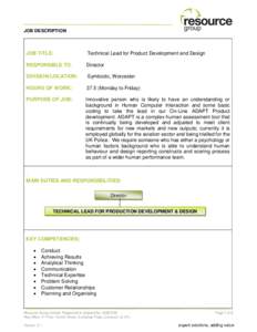 JOB DESCRIPTION  JOB TITLE: Technical Lead for Product Development and Design