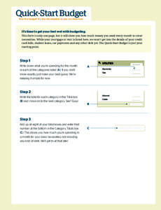 Quick-Start Budget Your first budget! It’s also the simplest, so you can relax now. It’s time to get your feet wet with budgeting. This form is only one page, but it will show you how much money you need every month 