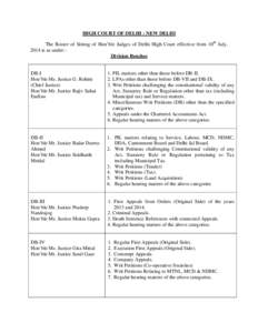 HIGH COURT OF DELHI : NEW DELHI The Roster of Sitting of Hon’ble Judges of Delhi High Court effective from 10th July, 2014 is as under:Division Benches DB-I Hon’ble Ms. Justice G. Rohini