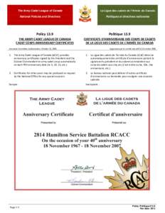 The Army Cadet League of Canada  La Ligue des cadets de l’Armée du Canada National Policies and Directives