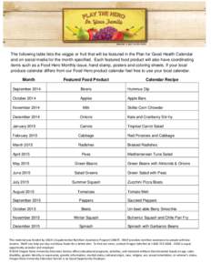 The following table lists the veggie or fruit that will be featured in the Plan for Good Health Calendar and on social media for the month specified. Each featured food product will also have coordinating items such as a