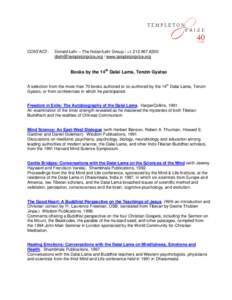 CONTACT:  Donald Lehr – The Nolan/Lehr Group / +[removed]removed] / www.templetonprize.org  Books by the 14th Dalai Lama, Tenzin Gyatso
