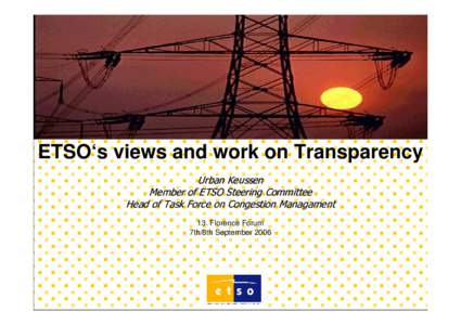 ETSO‘s views and work on Transparency Urban Keussen Member of ETSO Steering Committee Head of Task Force on Congestion Managament 13. Florence Forum 7th/8th September 2006