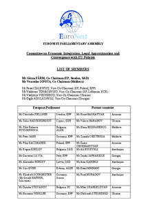 EURONEST PARLIAMENTARY ASSEMBLY  Committee on Economic Integration, Legal Approximation and Convergence with EU Policies LIST OF MEMBERS Mr Göran FÄRM, Co-Chairman (EP, Sweden, S&D)