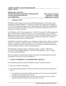 Memorandum of Decision[removed]: Prehearing Meeting - EPCOR - Rossdale Power Plant