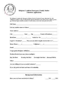 !  Religious Coalition Emergency Family Shelter Volunteer Application  !