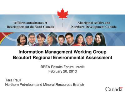 Information Management Working Group Beaufort Regional Environmental Assessment BREA Results Forum, Inuvik February 20, 2013 Tara Paull Northern Petroleum and Mineral Resources Branch