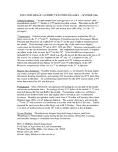 IOWA PRELIMINARY MONTHLY WEATHER SUMMARY – OCTOBER 2006 General Summary. October temperatures averaged 48.0º or 2.9º below normal while precipitation totaled 1.73 inches or 0.79 inches less than normal. This ranks as