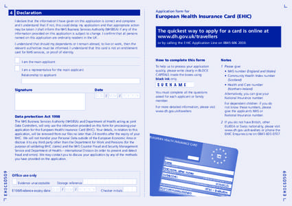 Application form for  4 Declaration European Health Insurance Card (EHIC)