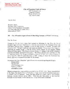 Received: JULY 25, 2014 IURC 30-Day Filing No.: 3260 Indiana Utilit y Re gulator y Co mmi ssion City of Frankfort Light & Power 1000 Washington Ave