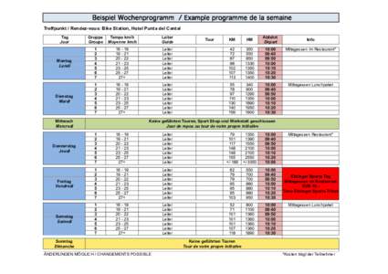 Beispiel Wochenprogramm / Example programme de la semaine Treffpunkt / Rendez-vous: Bike Station, Hotel Punta del Cantal Tag Jour  Gruppe