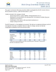 BC Coroners Service  Illicit Drug Overdose Deaths in BC[removed]This report summarizes illicit drug overdose deaths investigated by the BC Coroners Service (BCCS) between January 1, 2009 and December 31, 2013.