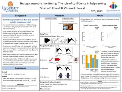 Strategic memory monitoring: The role of confidence in help seeking Shaina F. Rowell & Vikram K. Jaswal CDS, 2013 