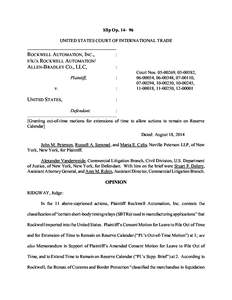 Slip Op[removed]UNITED STATES COURT OF INTERNATIONAL TRADE ROCKWELL AUTOMATION, INC., F/K/A ROCKWELL AUTOMATION/ ALLEN-BRADLEY CO., LLC,