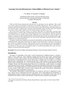 Assessing Network Infrastructure Vulnerabilities to Physical Layer Attacks 1 T. H. Shake, B. HazzardÁ, D. Marquis Distributed Systems Group, ÁAdvanced Networks Group Lincoln Laboratory, Massachusetts Institute of