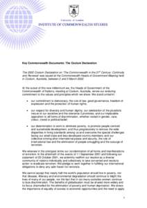 University of London  INSTITUTE OF COMMONWEALTH STUDIES Key Commonwealth Documents: The Coolum Declaration The 2002 Coolum Declaration on ‘The Commonwealth in the 21st Century: Continuity
