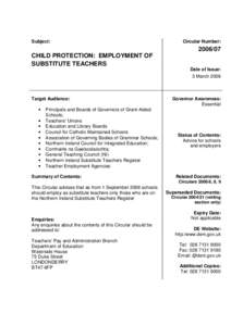 Subject:  CHILD PROTECTION: EMPLOYMENT OF SUBSTITUTE TEACHERS  Target Audience: