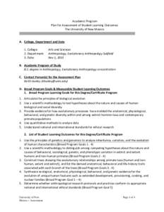 Academic Program Plan for Assessment of Student Learning Outcomes The University of New Mexico A. College, Department and Date 1. College: