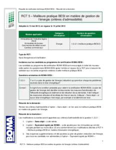 Requête de clarification technique BOMA BESt – Résumé de la résolution  RCT 5 – Meilleure pratique BESt en matière de gestion de l’énergie (critères d’admissibilité) Adoptée le 15 mai 2013; en vigueur le