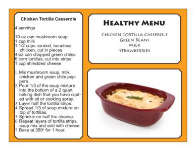 Chicken Tortilla Casserole 4 servings 10-oz can mushroom soup 1 cup milk[removed]cups cooked, boneless chicken, cut in pieces
