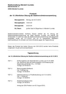 Stadtverwaltung Allendorf (Lumda) BahnhofstraßeAllendorf (Lumda) Protokoll der 19. öffentlichen Sitzung der Stadtverordnetenversammlung
