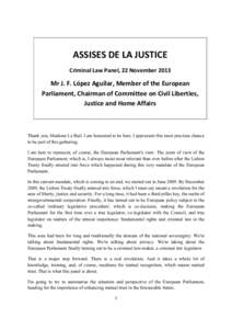 ASSISES DE LA JUSTICE Criminal Law Panel, 22 November 2013 Mr J. F. López Aguilar, Member of the European Parliament, Chairman of Committee on Civil Liberties, Justice and Home Affairs