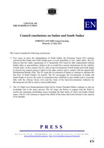 EN  COUCIL OF THE EUROPEA UIO  Council conclusions on Sudan and South Sudan